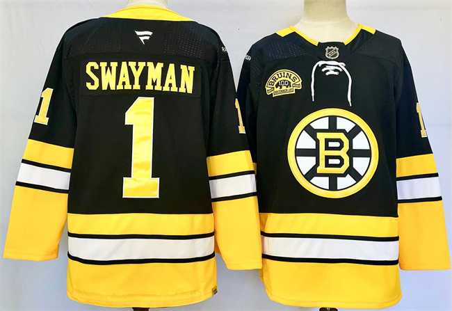 Men's Boston Bruins #1 Jeremy Swayman Black 100th Anniversary Stitched Hockey Jersey,We sell and wholesale Men's Boston Bruins #1 Jeremy Swayman Black 100th Anniversary Stitched Hockey Jersey on line form chian!